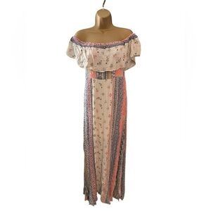 Soieblu Boho Off-Shoulder Maxi Dress – Floral Patchwork Print M